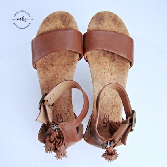 UGG Zoe Wedge Leather Tassel Sandals Chestnut Women 8 - Picture 10 of 13
